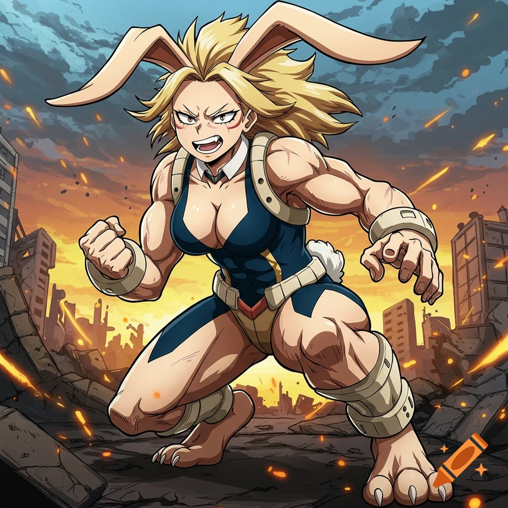 Mirko from My Hero Academia, a muscular woman with rabbit ears and suit, kneels in a ruined city backdrop.