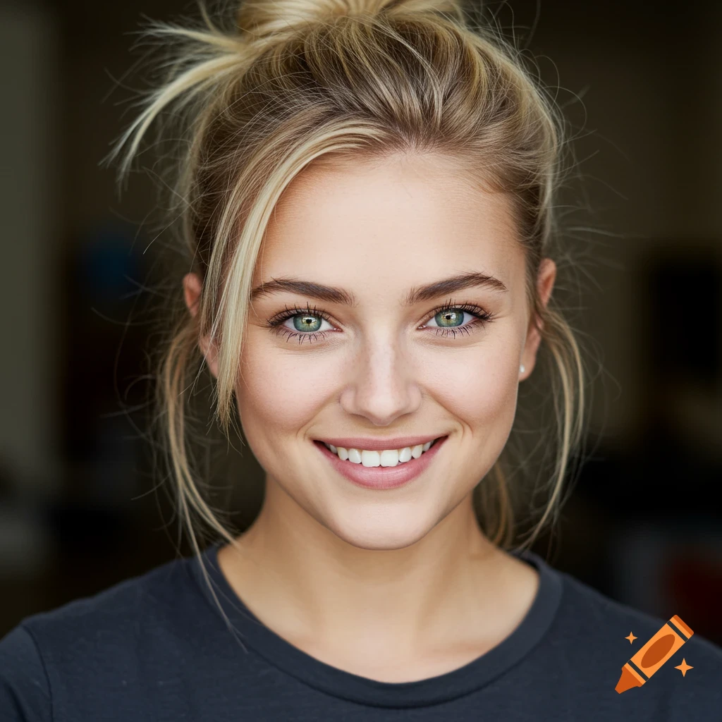 Close-up portrait of a young woman with blonde hair in a bun smiling at the camera.