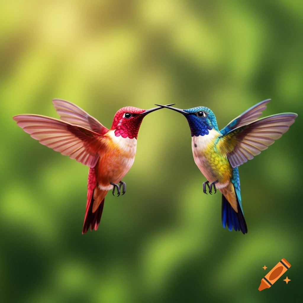 Two colorful hummingbirds facing each other