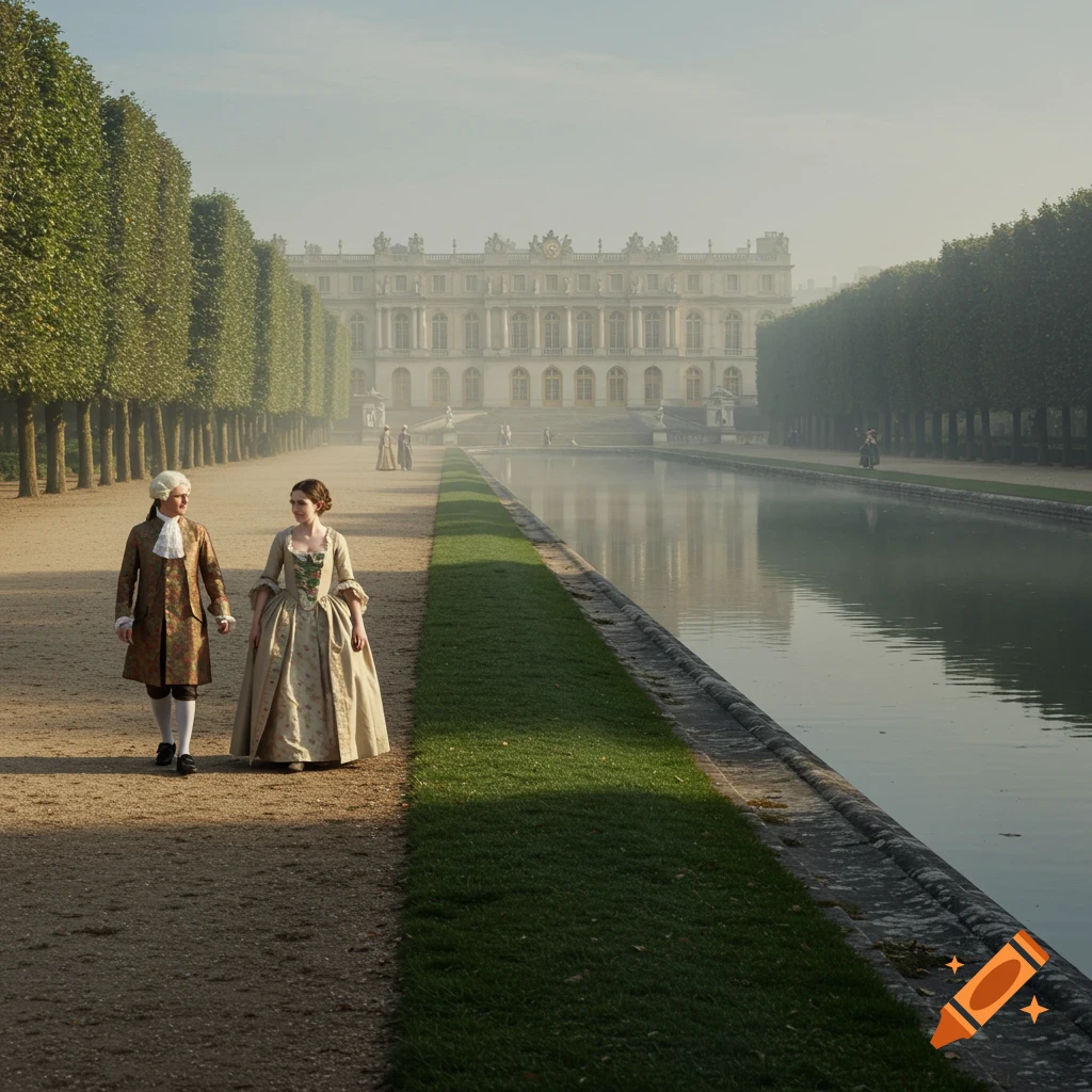 Two people in 17th-century clothing walk beside a long canal with a large palace in the background.