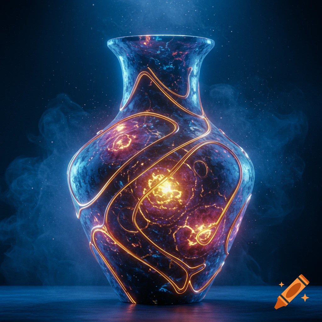 A futuristic glowing vase in a dark space with swirling smoke.