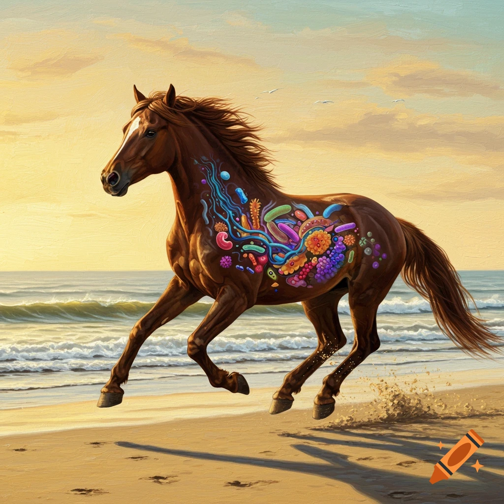 A horse with a visible microbiome running on a beach.