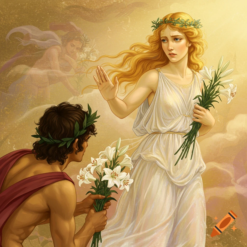 A goddess in a white dress with lilies is shown rejecting a man offering flowers, in a warm, classical style.