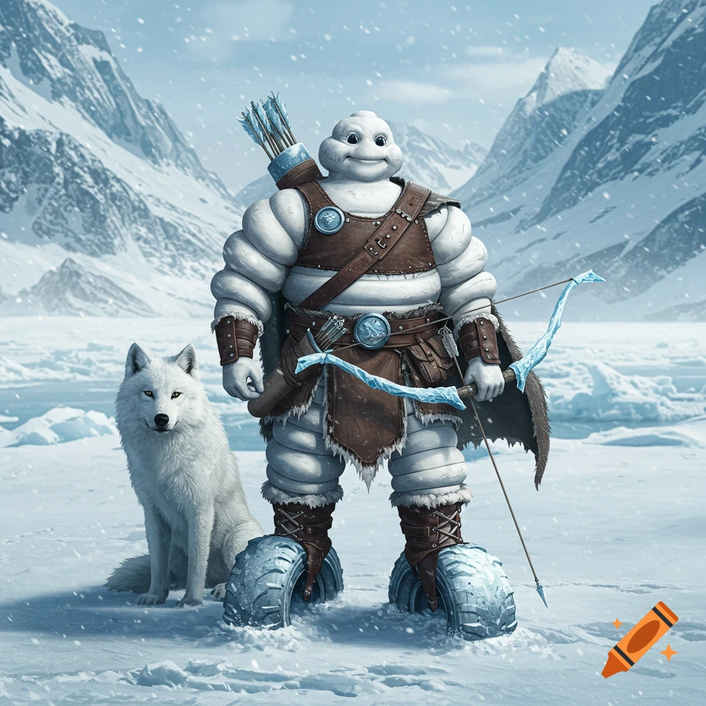 Michelin Man dressed as a fantasy ranger stands with a white wolf in a snowy mountain landscape.