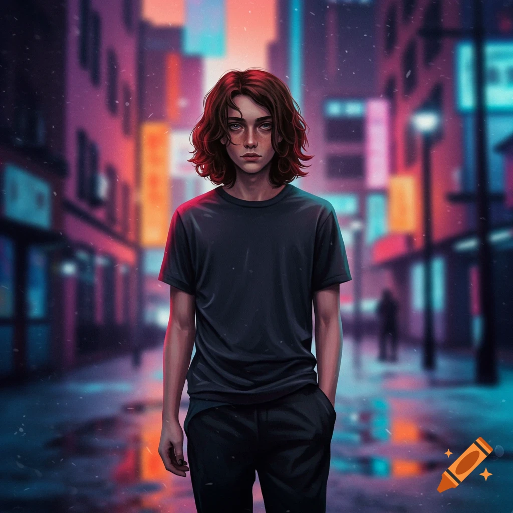 A person stands in a neon-lit city street at night.