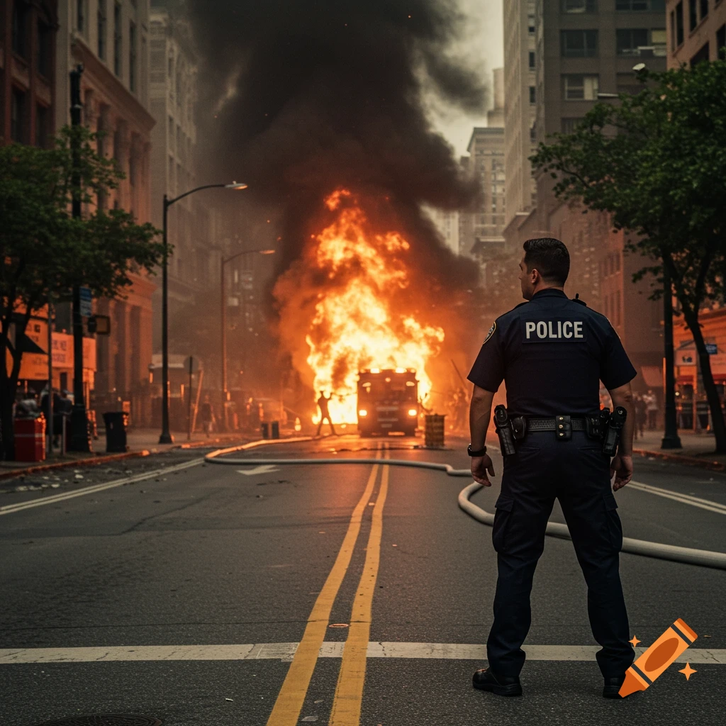 A police officer stands facing a large fire engulfing a vehicle in a city street.
