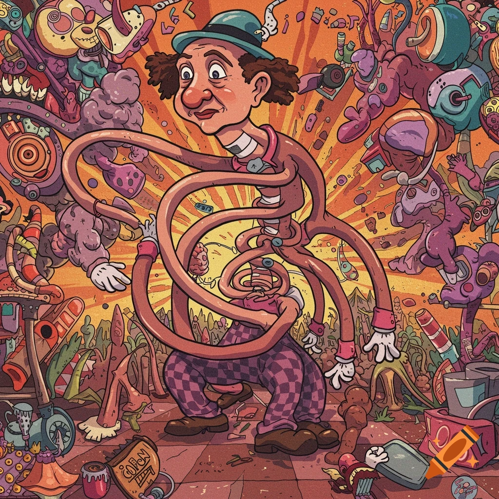 Surreal cartoon drawing of a distorted figure with multiple long arms in a chaotic landscape.