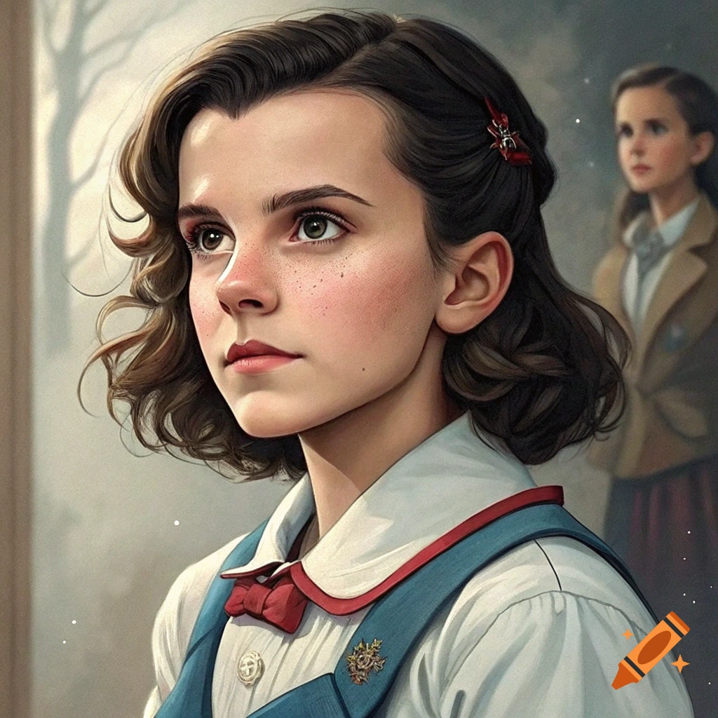 Portrait of a young girl with dark hair wearing a white shirt and blue overalls, looking up.