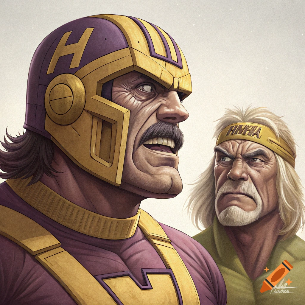 Comic art portrait of a superhero with a helmet and mustache, next to a man with a blond mullet and beard.