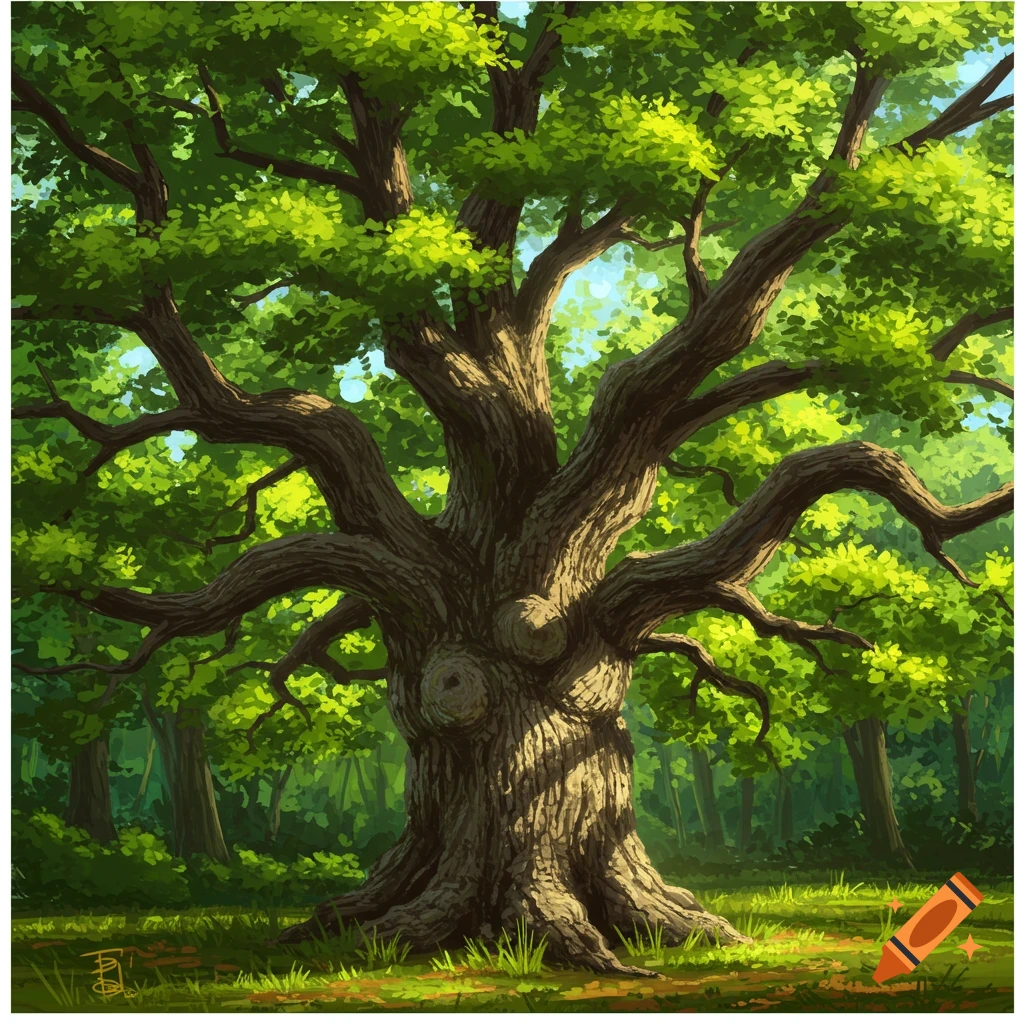 A large, detailed old tree stands in a sunlit forest clearing.