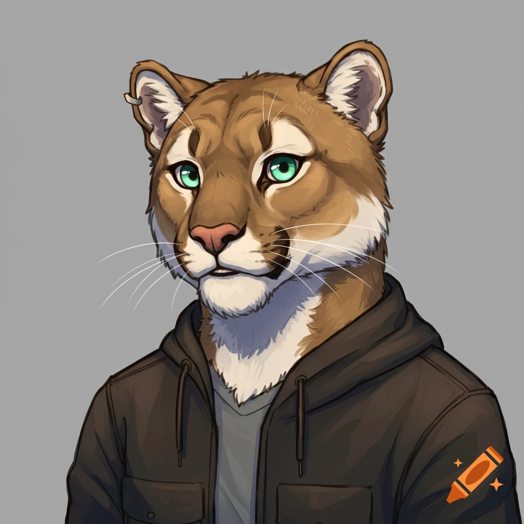 A bust portrait of a mountain lion fursona wearing a brown hooded jacket.