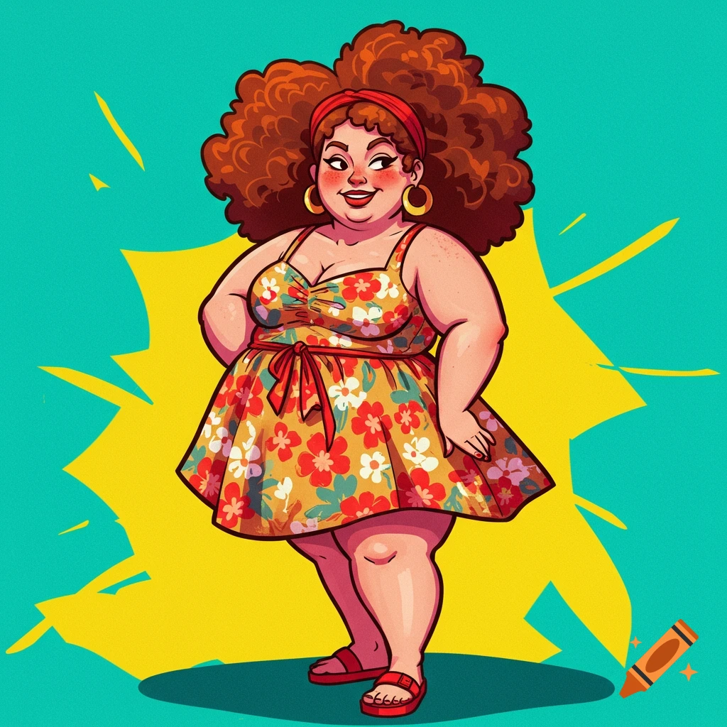 Illustration of a plus-size woman in a floral sundress against a yellow and turquoise background.