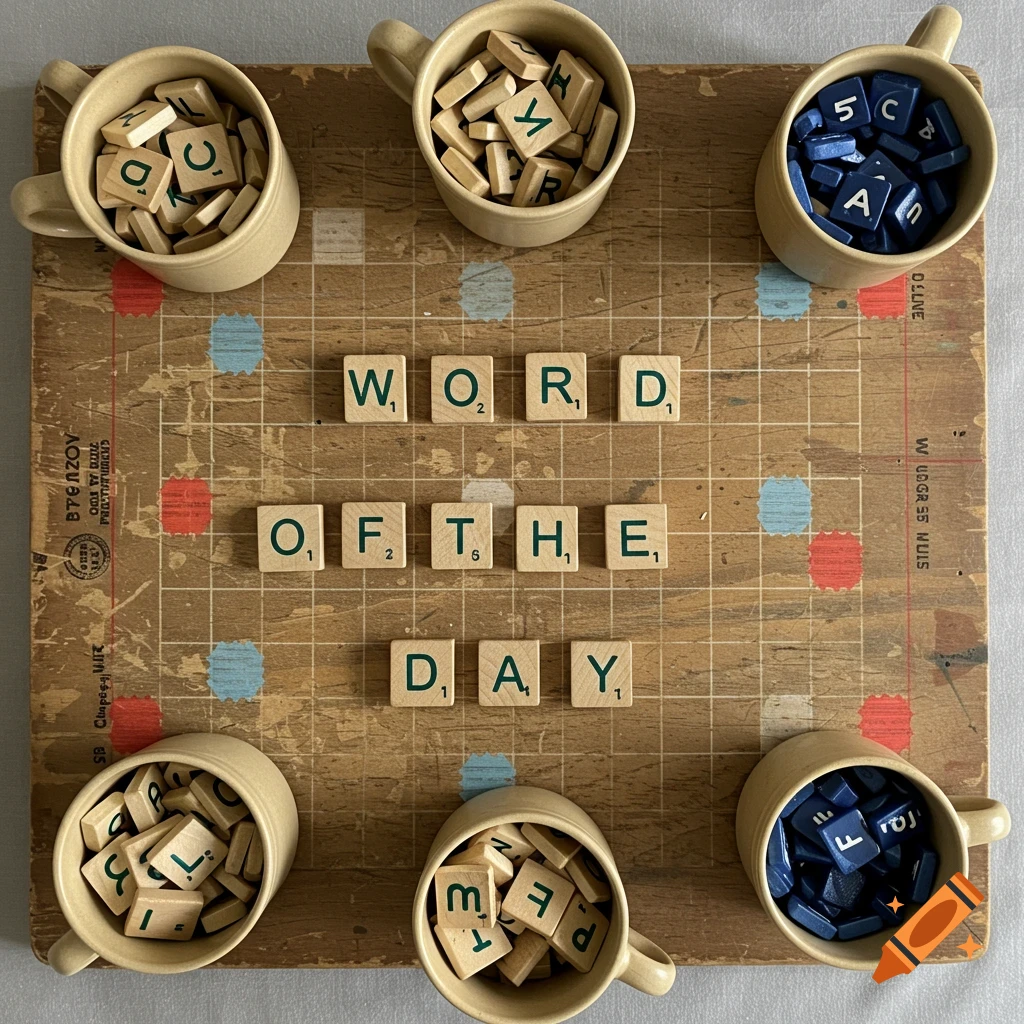 Overhead still life photograph of a Scrabble board with tiles spelling 'Word of the Day', surrounded by cups filled with tiles.