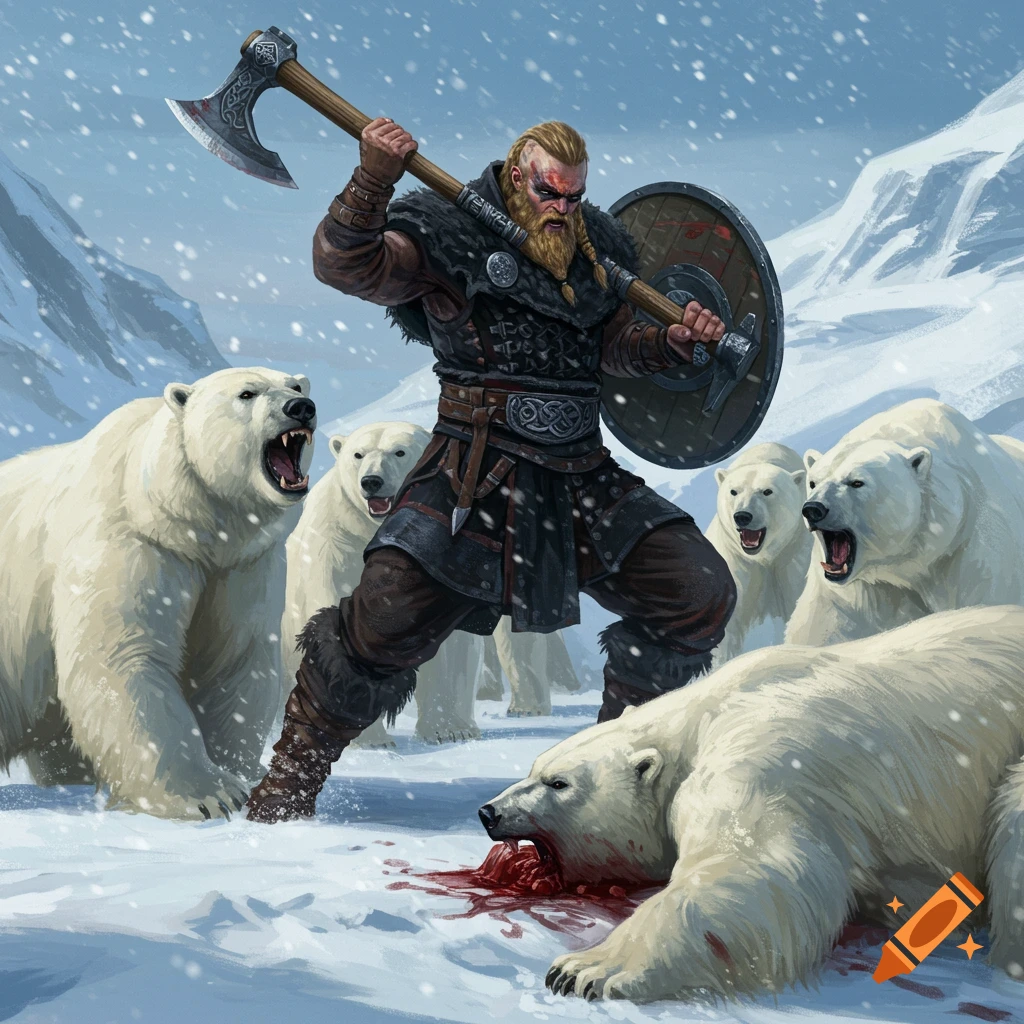 Illustration of a Viking warrior battling polar bears in a snowy landscape.