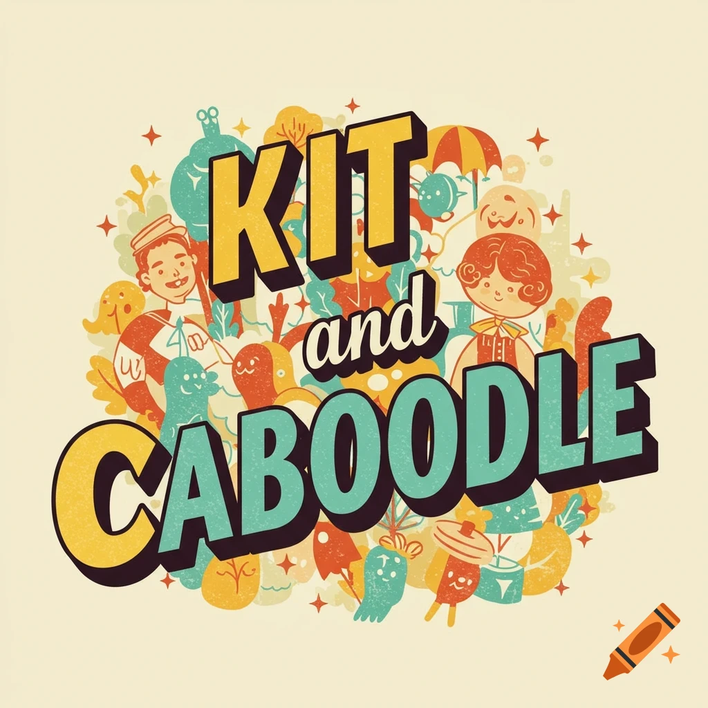 Whimsical illustration with the text 'KIT and CABOODLE' surrounded by cartoon characters and objects.