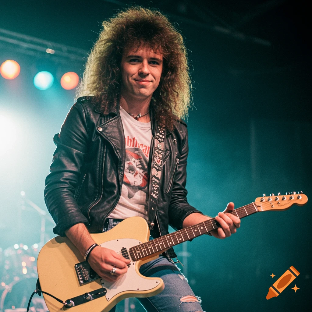 An 80s-style rock musician with big hair playing a guitar on stage.