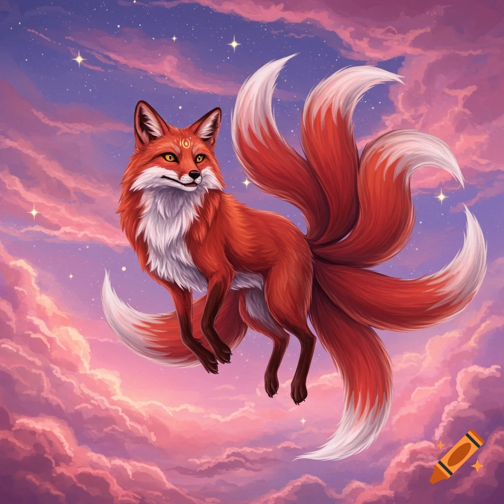 A nine-tailed red fox flying in a pink and purple starry sky.
