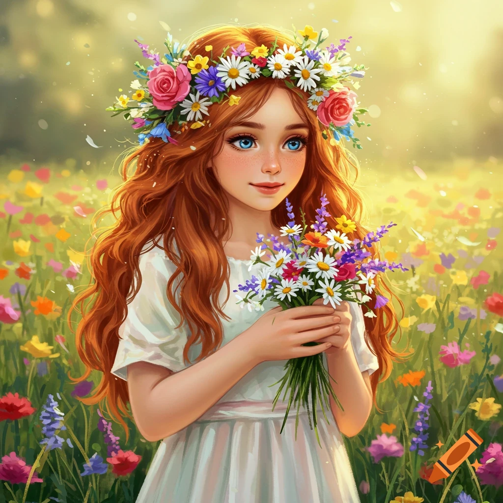 A red-haired girl with a flower crown holding a bouquet in a field.