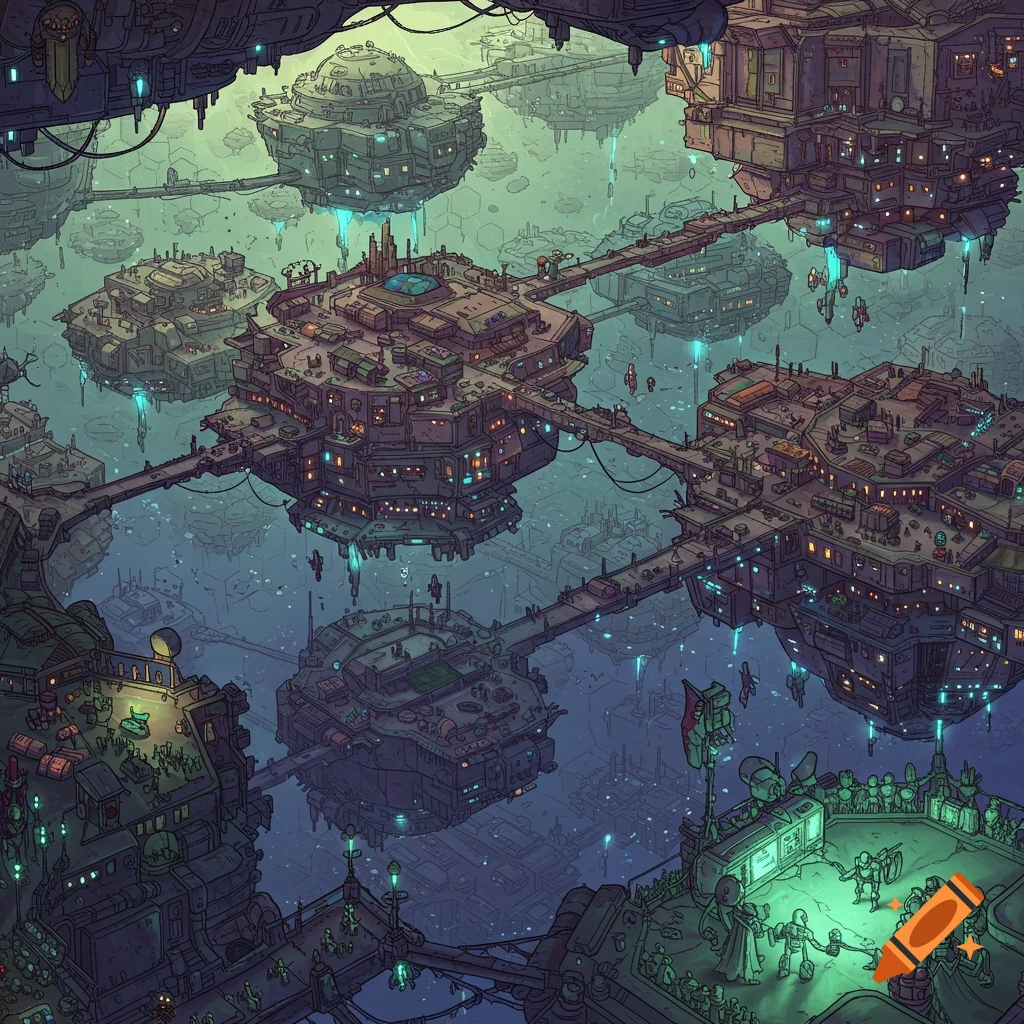 A futuristic hive city suspended in the sky, with connected structures and small figures.