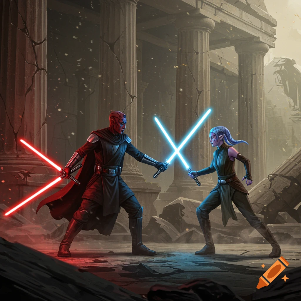 Two characters fighting with red and blue lightsabers in temple ruins.
