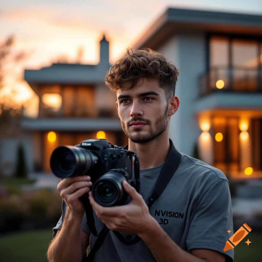 A photographer holding a camera stands in front of a modern house at sunset.