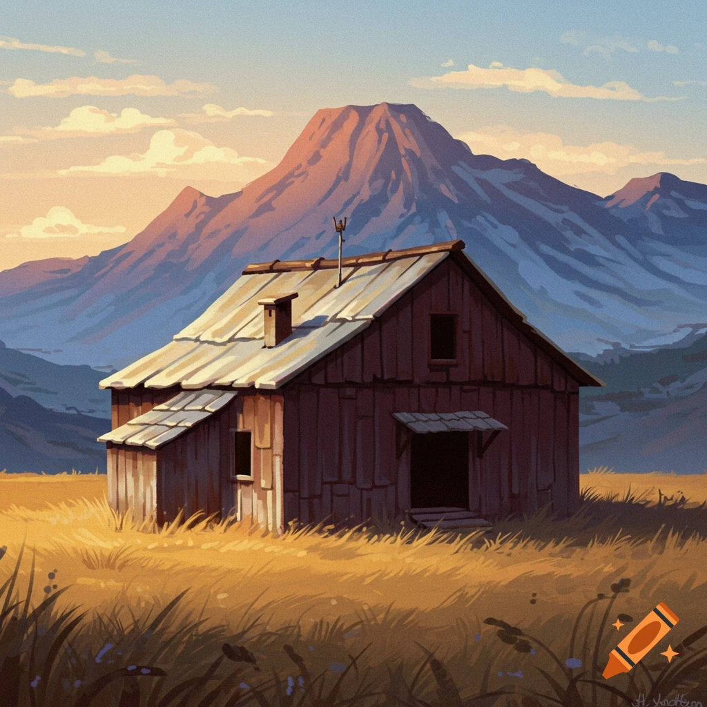 A rustic cabin stands in a field with mountains at sunset.
