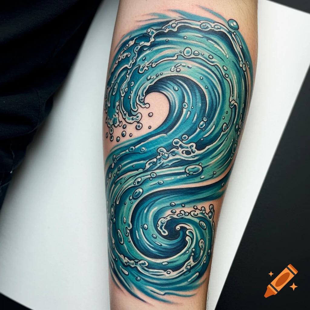 Stylized blue wave tattoo on a forearm
