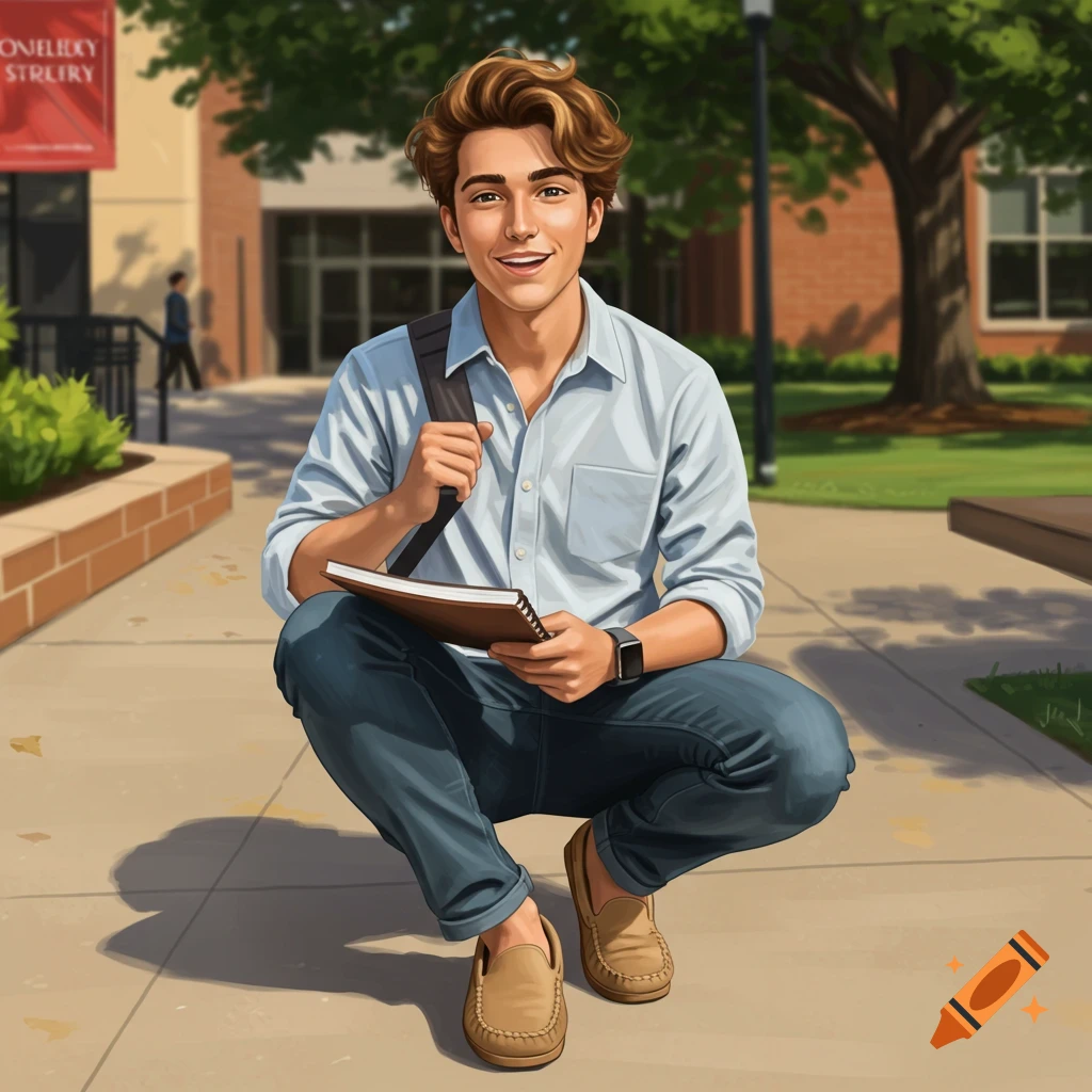A college-aged man squatting on a campus path with a book and backpack.