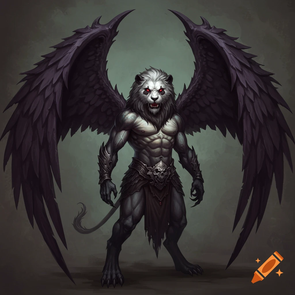 A fantasy creature with a panda head, lion mane, human torso, wings, and claws.