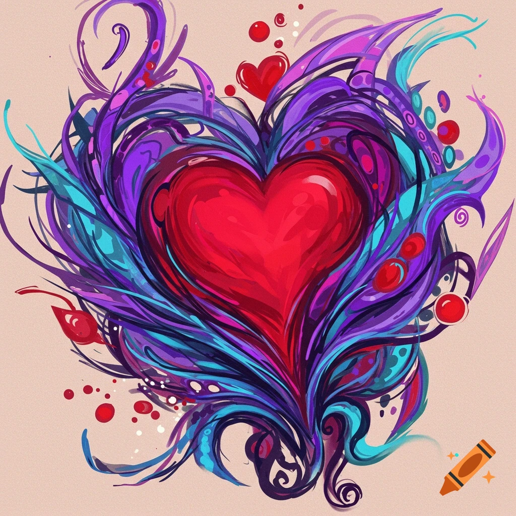 A stylized red heart surrounded by abstract purple and blue shapes.