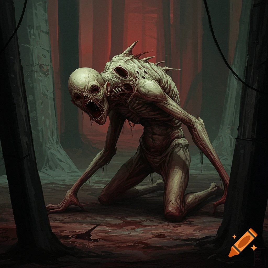 An uncanny horror monster kneels in a dark forest.