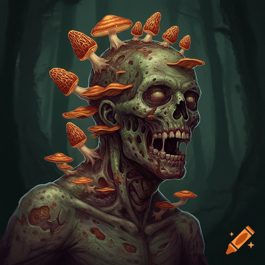 A zombie is covered in morel mushrooms. It stands against a dark forest background.