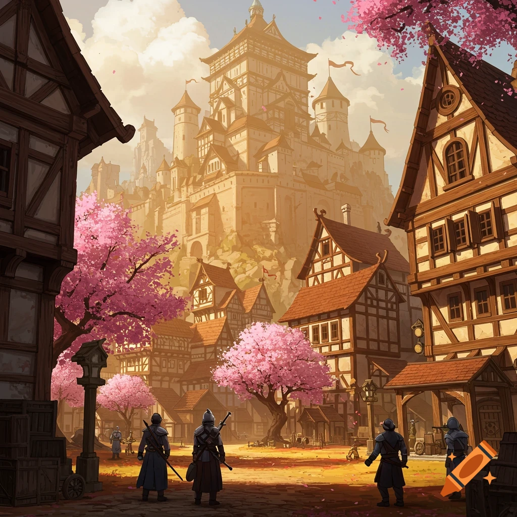 A medieval village with cherry blossom trees and a large castle in the background.