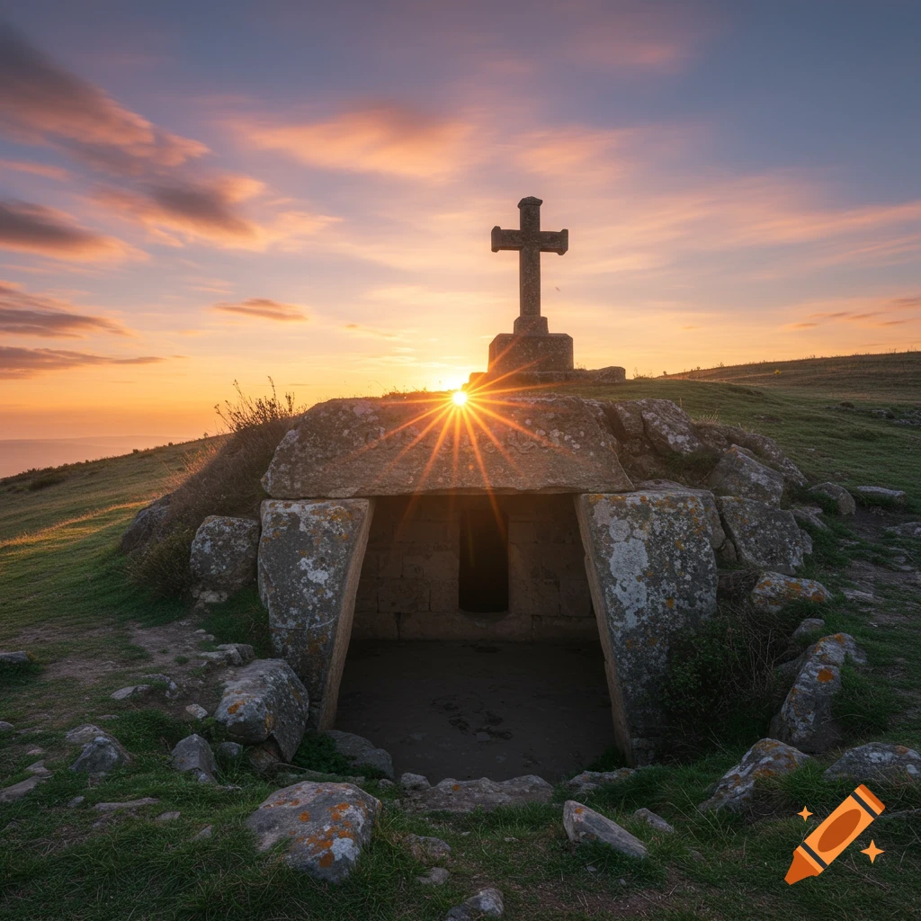 Stone cave with a cross on a hill at sunrise.