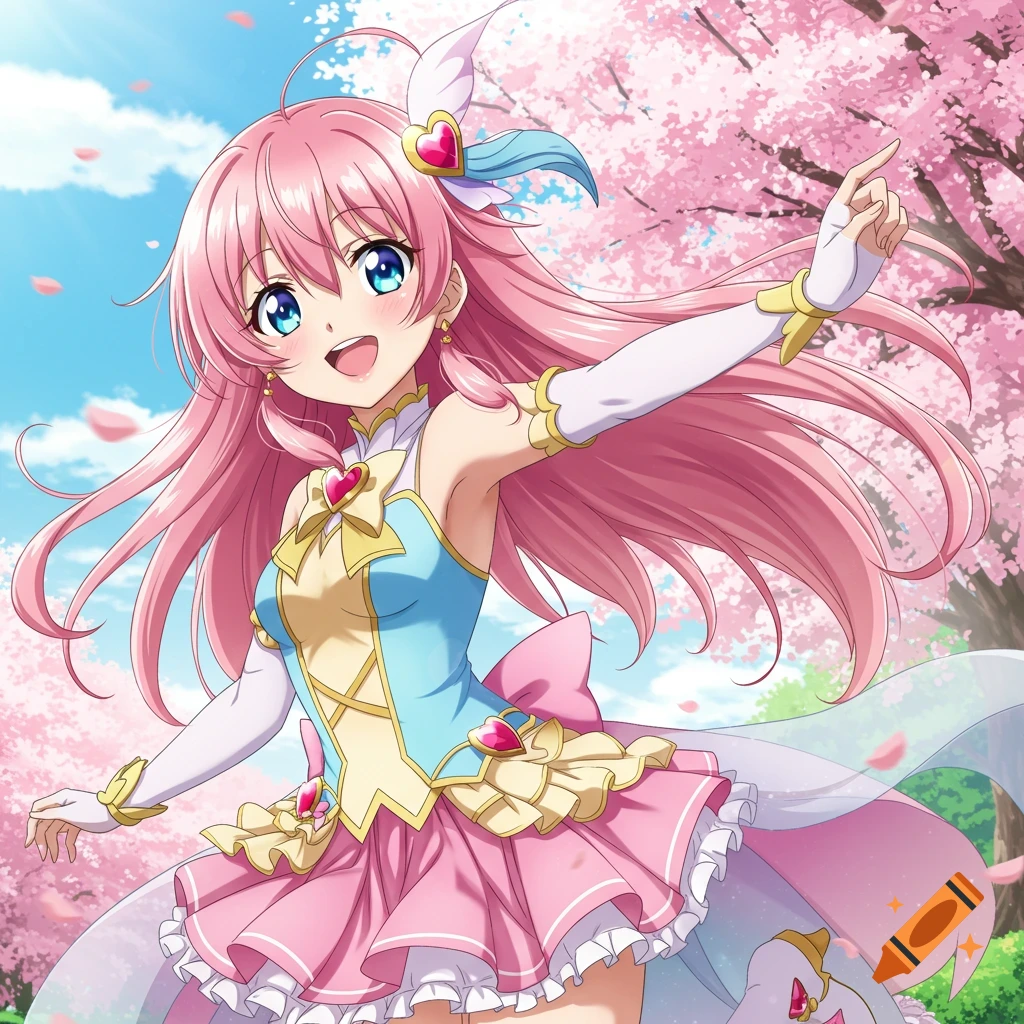 Anime girl with pink hair smiling and reaching out among cherry blossoms.