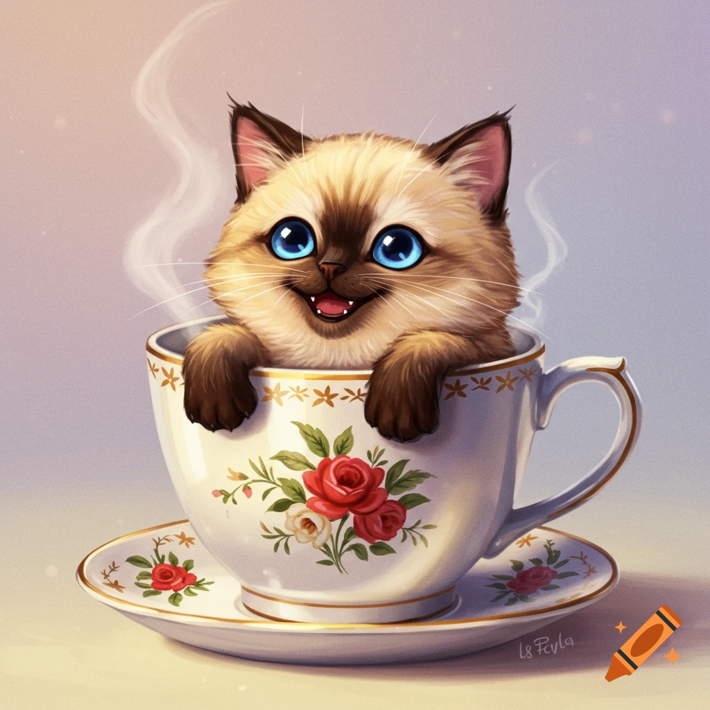 Cute cartoon cat in a teacup with flowers and steam.