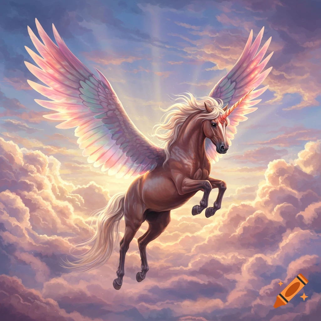 A winged unicorn flies through colorful clouds at sunset.