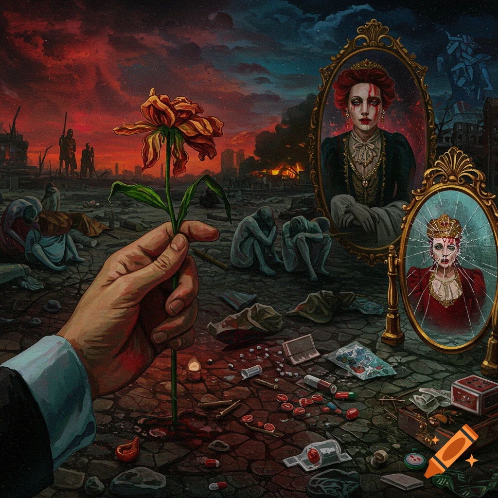 Hand holding a dying flower in a destroyed city with figures in despair and broken mirrors.