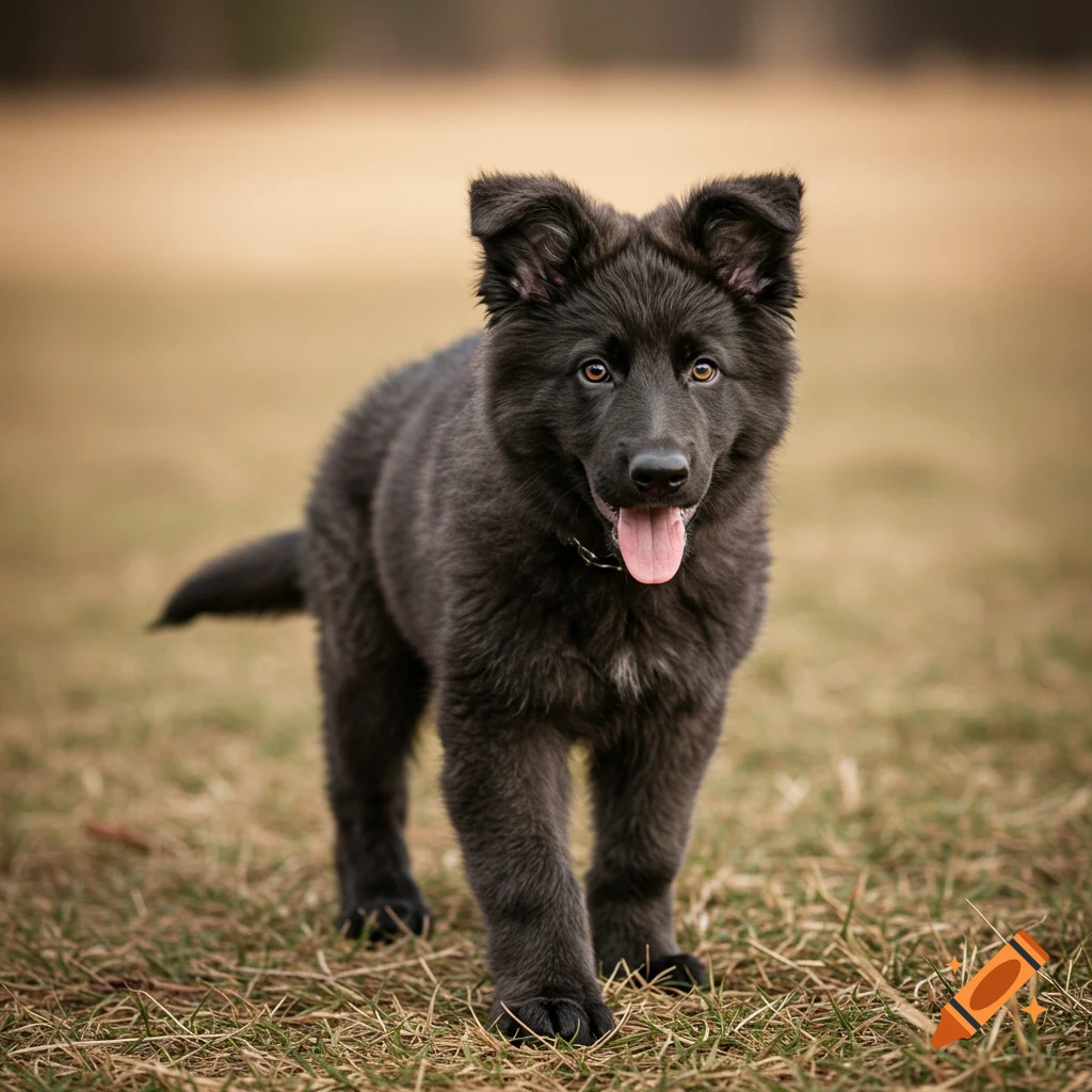 Black German Shepherd puppy standing in a field, looking at the camera with its tongue out.