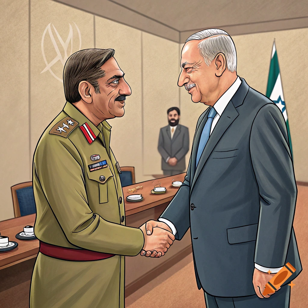 Cartoon illustration of a man in a military uniform shaking hands with a man in a suit across a table.