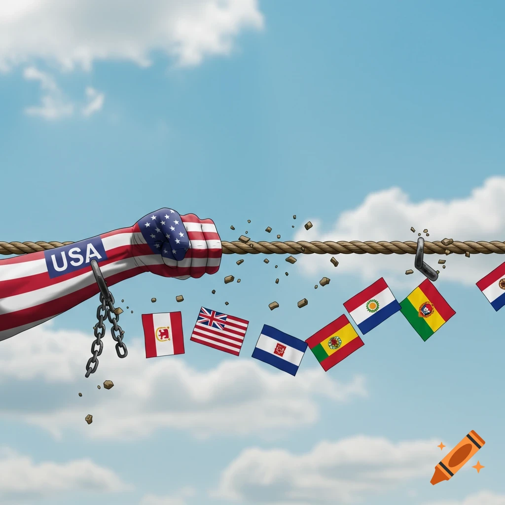 USA flag fist breaking chains attached to flags of various countries against a cloudy sky.
