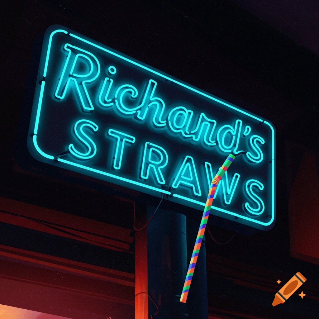 A blue neon sign that says "Richard's STRAWS" with a striped straw.