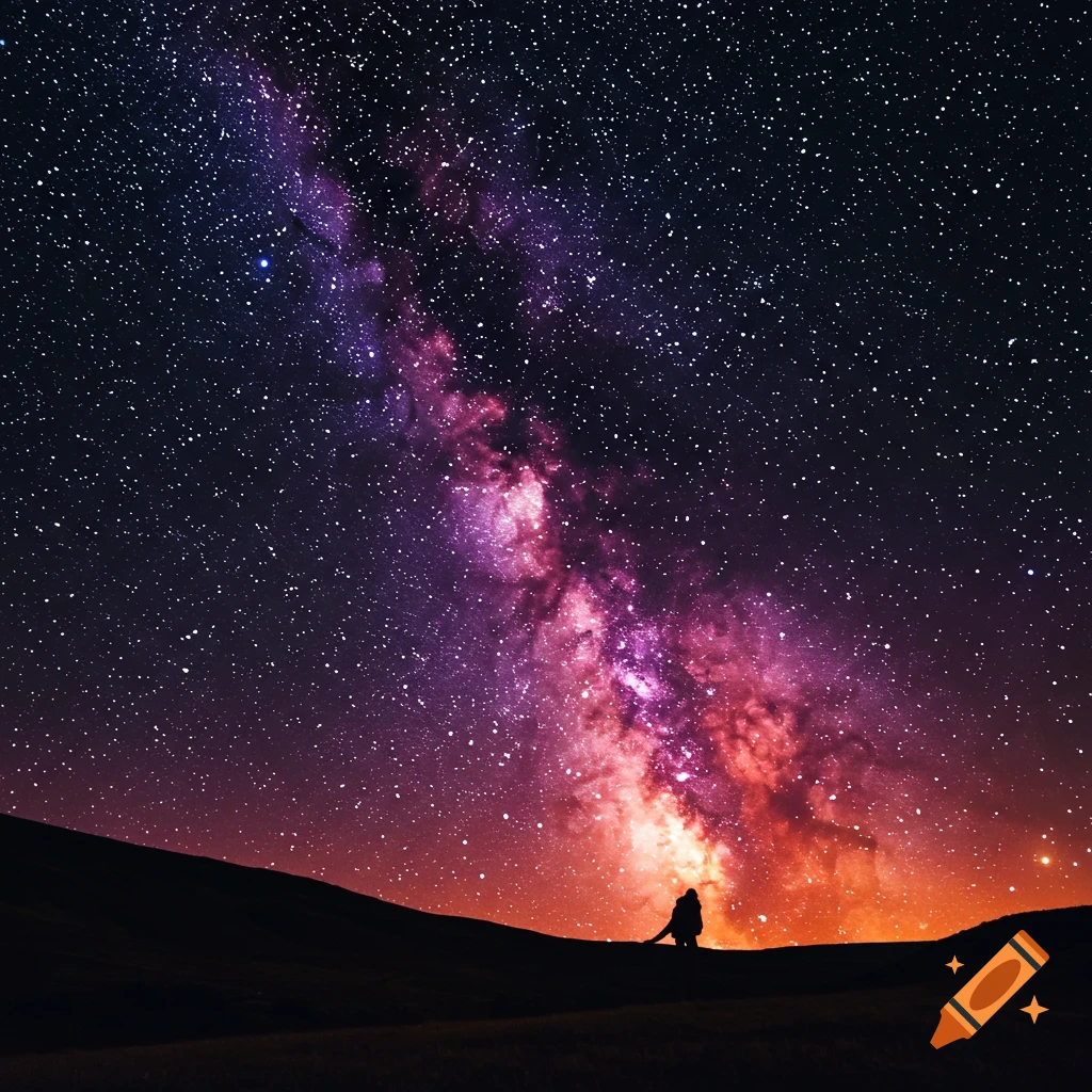Silhouette of a person gazing at a colorful Milky Way over a dark landscape.