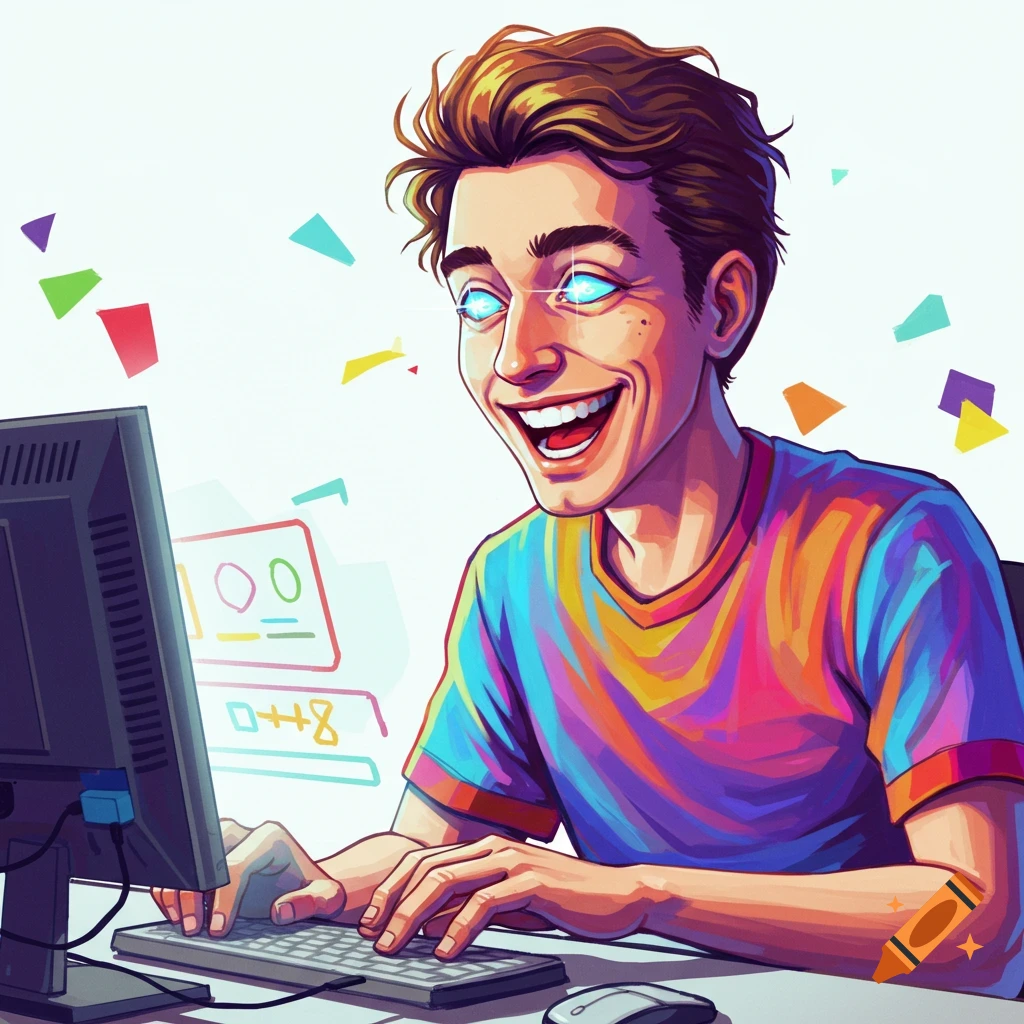 A very happy person with glowing eyes looking at a computer screen