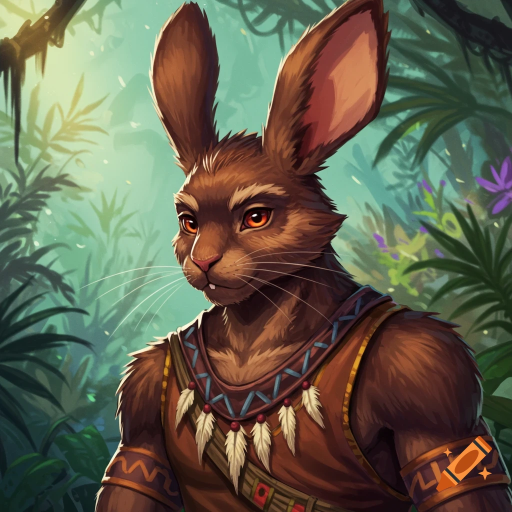 A muscular anthropomorphic brown rabbit in tribal clothing stands in a jungle.