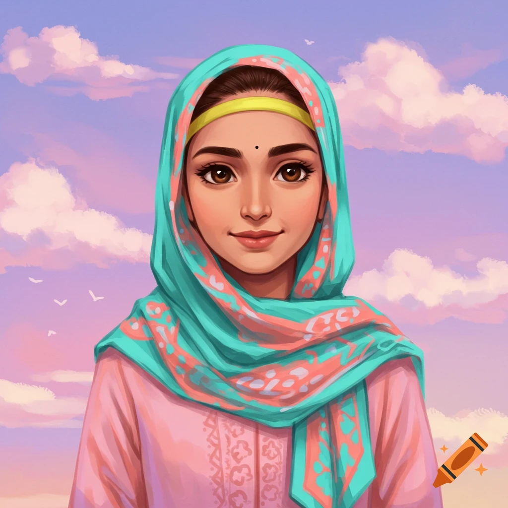 A young woman is wearing a teal hijab and yellow headband. She is standing against a cloudy sky.