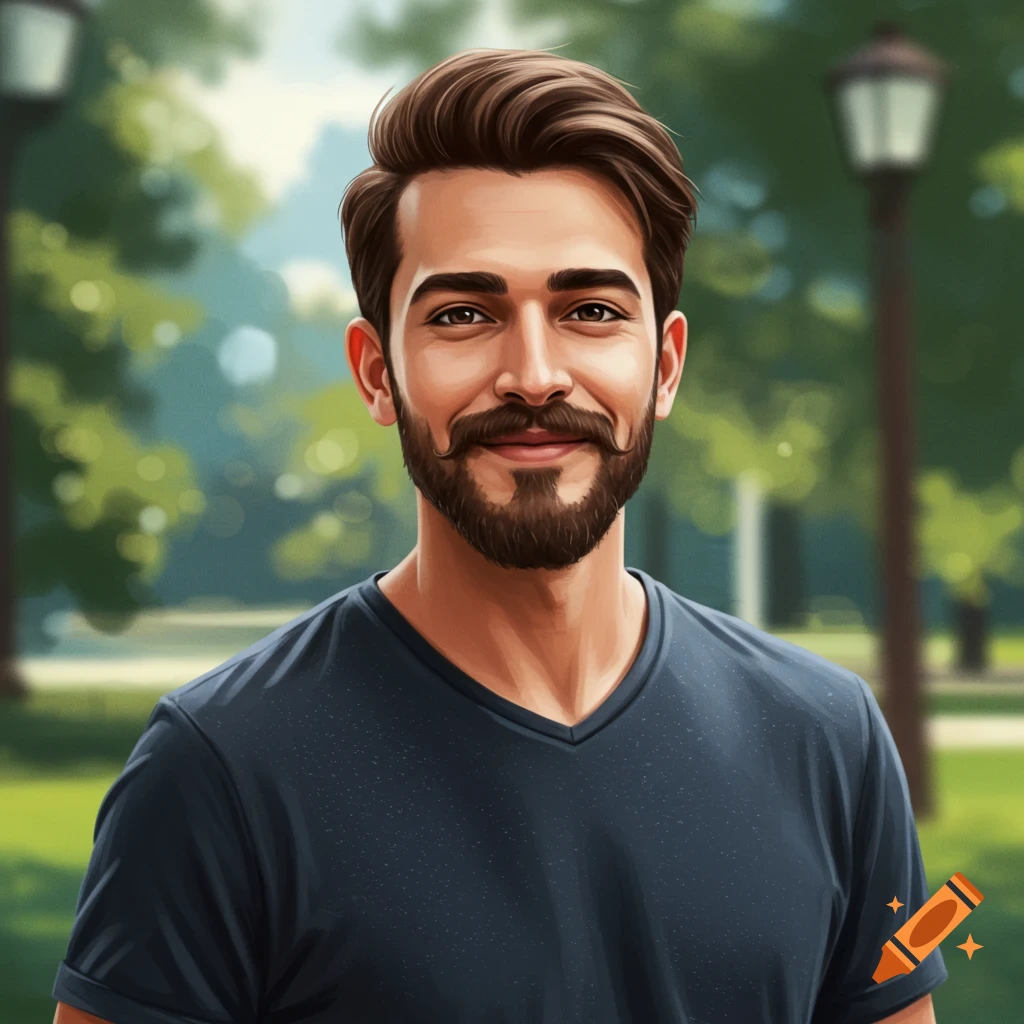 Portrait of a man with a beard and mustache in a park.