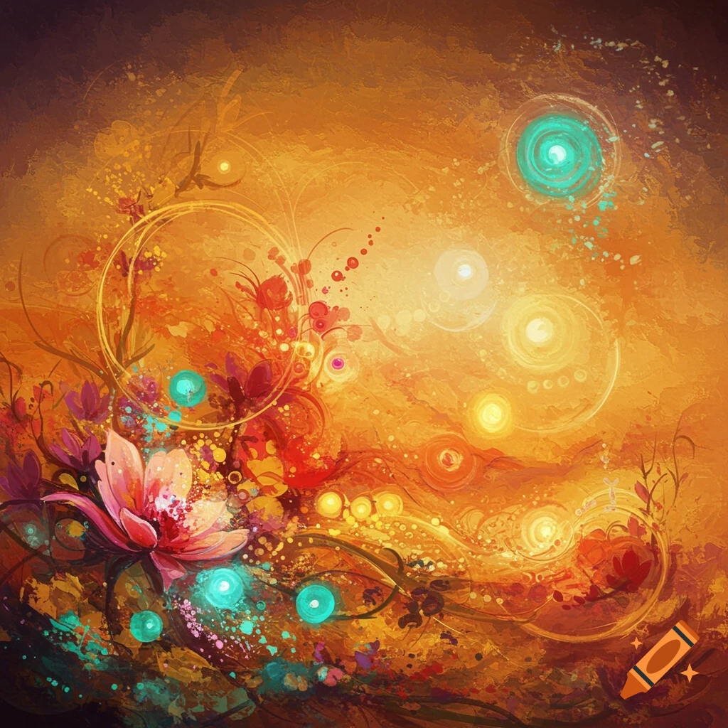 Abstract with vibrant orange, red, and turquoise colors, featuring stylized flowers, glowing orbs, and swirling patterns.