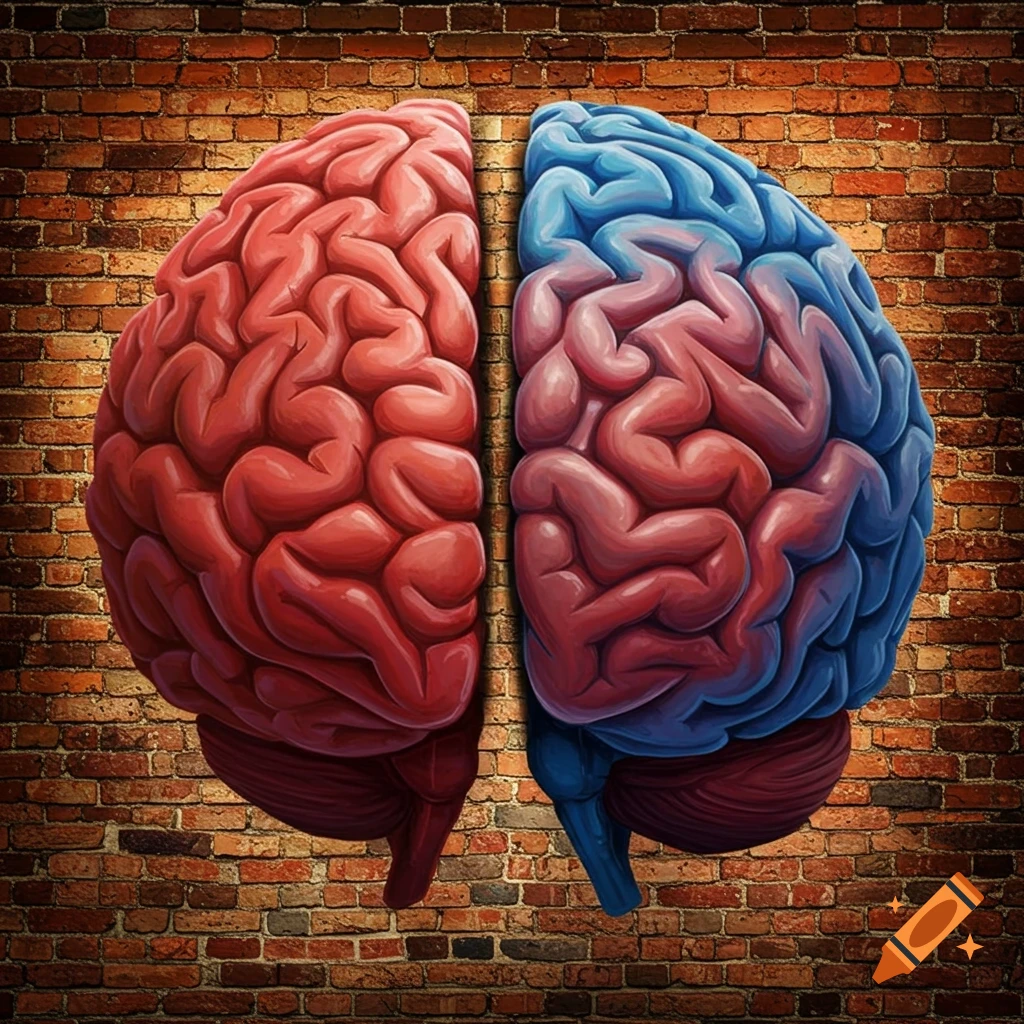 A red and blue brain separated by a brick wall.