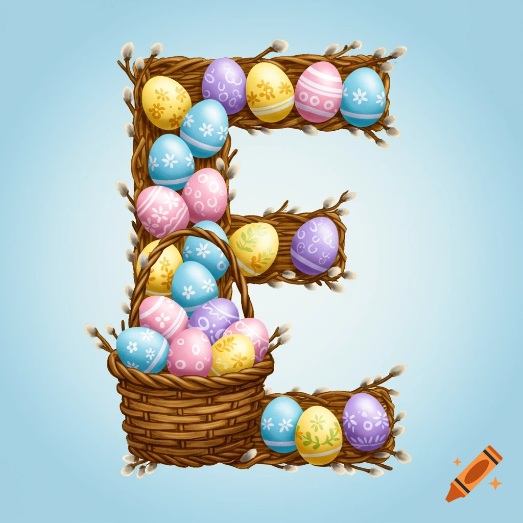 A large letter E is formed from woven branches and filled with colorful decorated Easter eggs. A basket of eggs sits at the base.